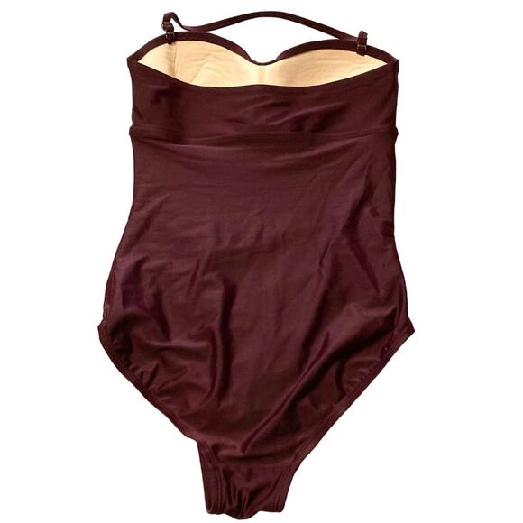 Merona Bandeau Burgundy Wine Swimsuit Medium Women Strap or Strapless Shirred - Picture 9 of 12